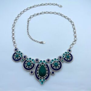 Premier Designs Teal Blue Statement Bib Necklace Silver Tone